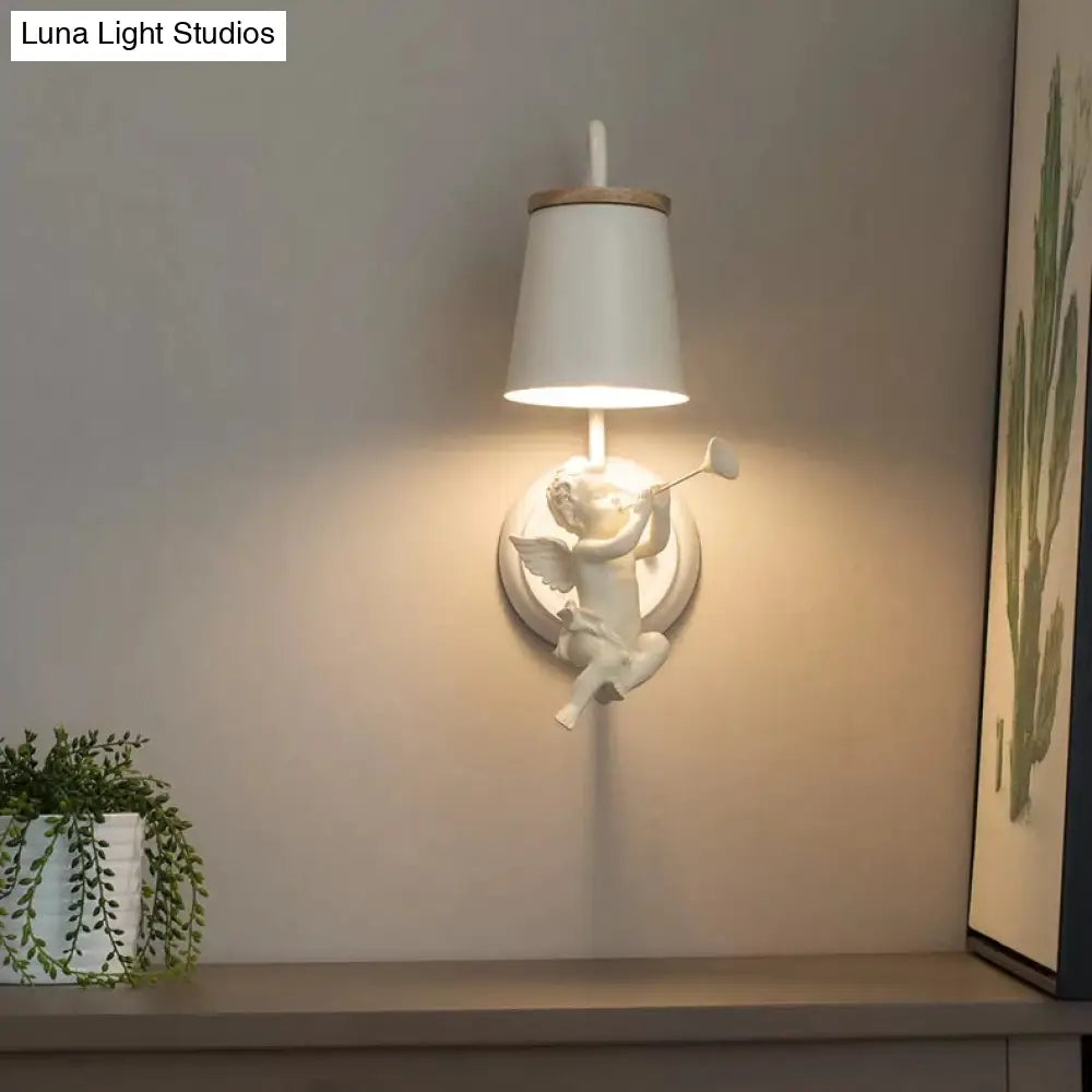 White Angel Wall Light With Bucket Shade - Metal Lamp For Living Room