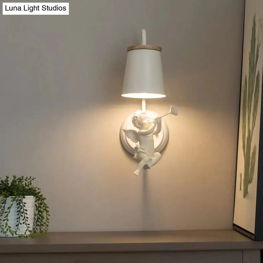 White Angel Wall Light With Bucket Shade - Metal Lamp For Living Room