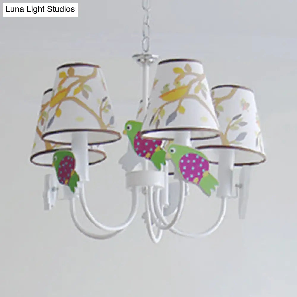 White Animal Tapered Shade Hanging Lamp With Bird Design - 5 Lights Fabric Chandelier For Living