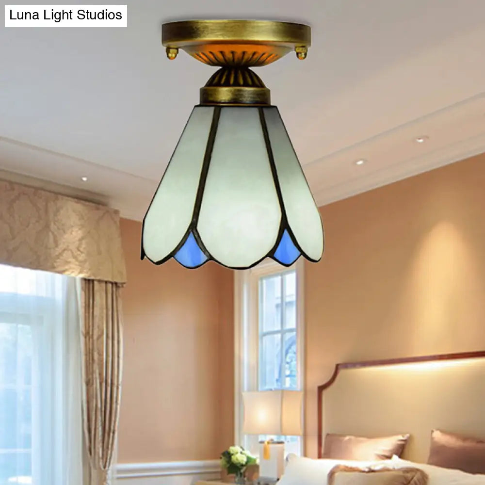 White Tiffany Style Art Glass Conical Ceiling Light With 1 Bulb - Perfect For Your Kitchen