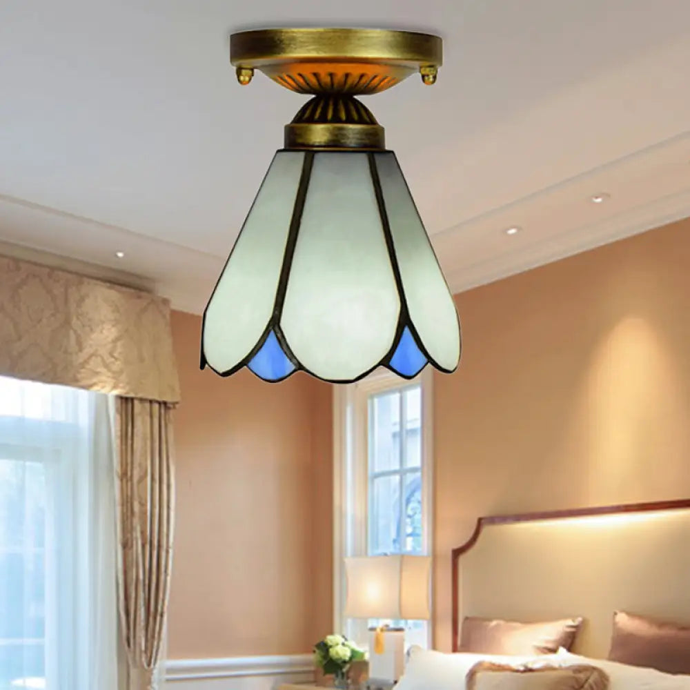White Art Glass Conical Ceiling Light - Tiffany Style Kitchen Lamp