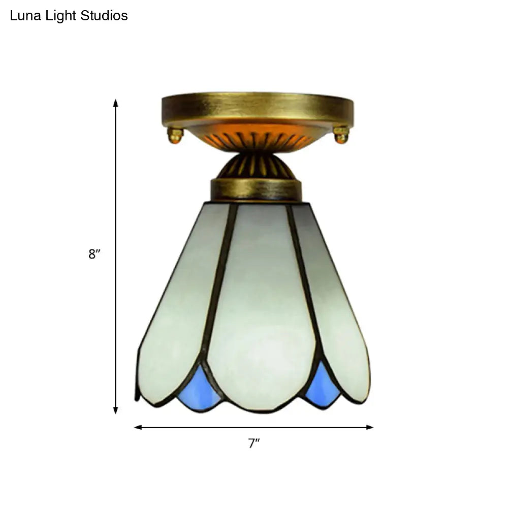 White Tiffany Style Art Glass Conical Ceiling Light With 1 Bulb - Perfect For Your Kitchen