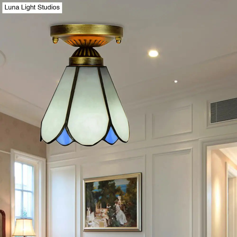 White Tiffany Style Art Glass Conical Ceiling Light With 1 Bulb - Perfect For Your Kitchen