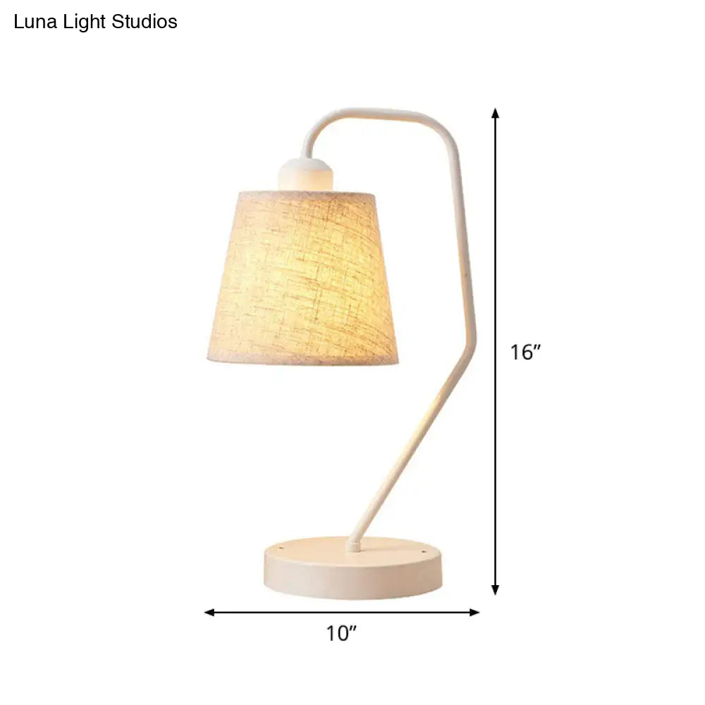 White Barrel Table Lamp - Modern Fabric Night Light For Bedroom With Curved Arm