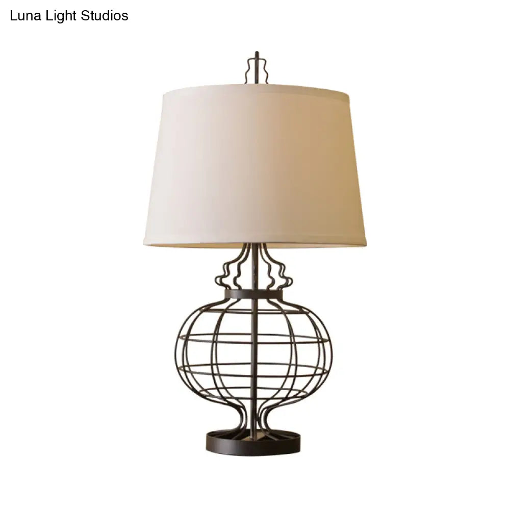 White Bedroom Desk Lamp: Traditional Reading Light With Drum Fabric Shade - 1