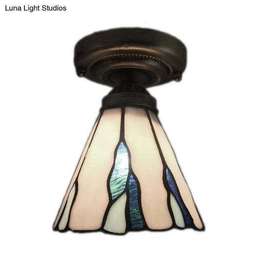 White/Beige/Blue-White Stained Glass Conical Flush Light - Tiffany 1-Light Ceiling Fixture For