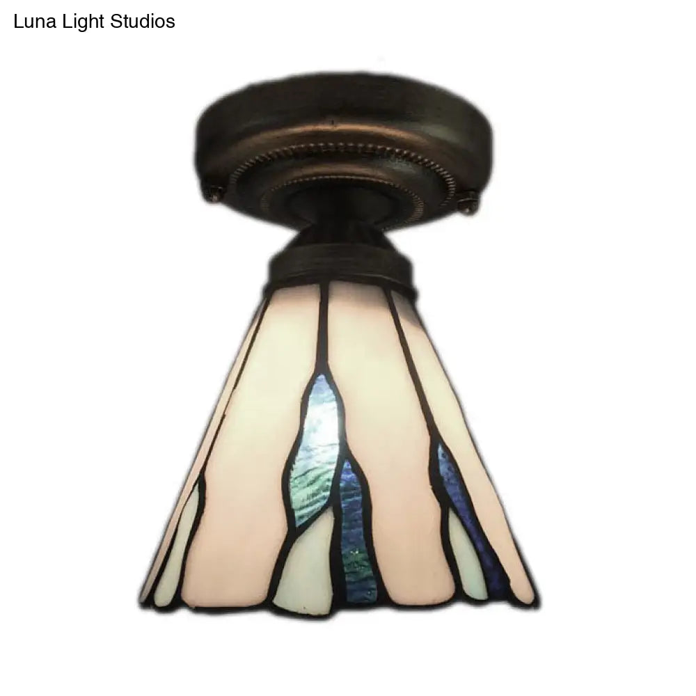 White/Beige/Blue-White Stained Glass Conical Flush Light - Tiffany 1-Light Ceiling Fixture For