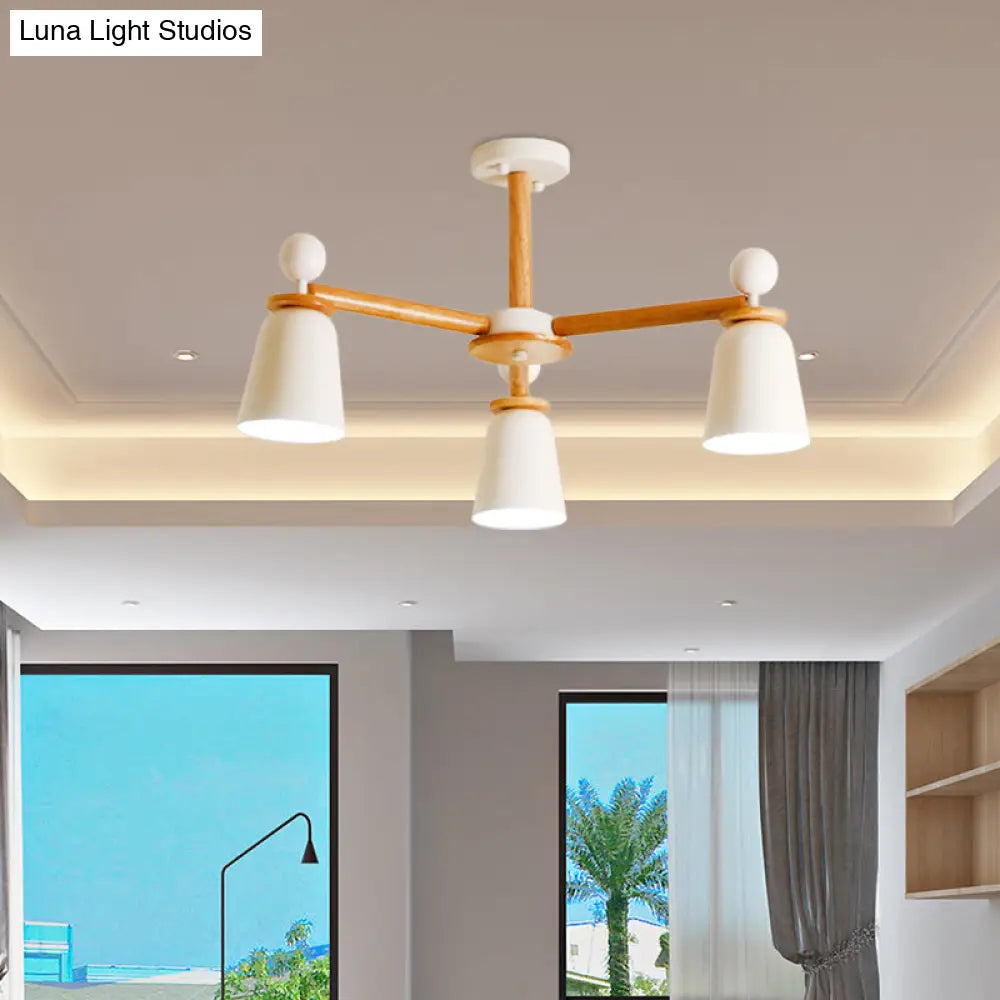 White Bell Semi Flush Modernist Ceiling Lamp Wood Arm 3/6 Lights