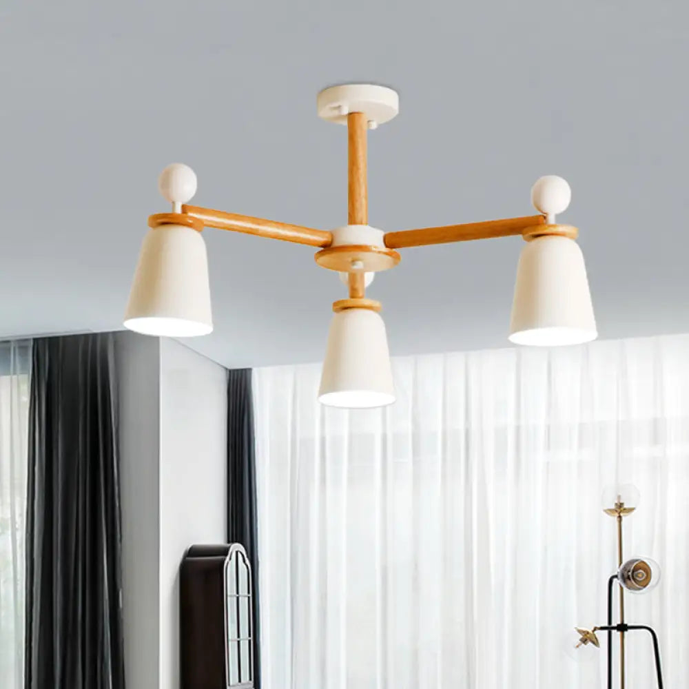 White Bell Semi Flush Modernist Ceiling Lamp Wood Arm 3/6 Lights 3 /