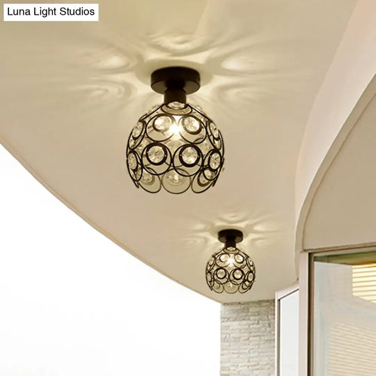White/Black Domed Flush Mount Light With Crystal Bead Accent - Modern Metal Ceiling For Kitchen