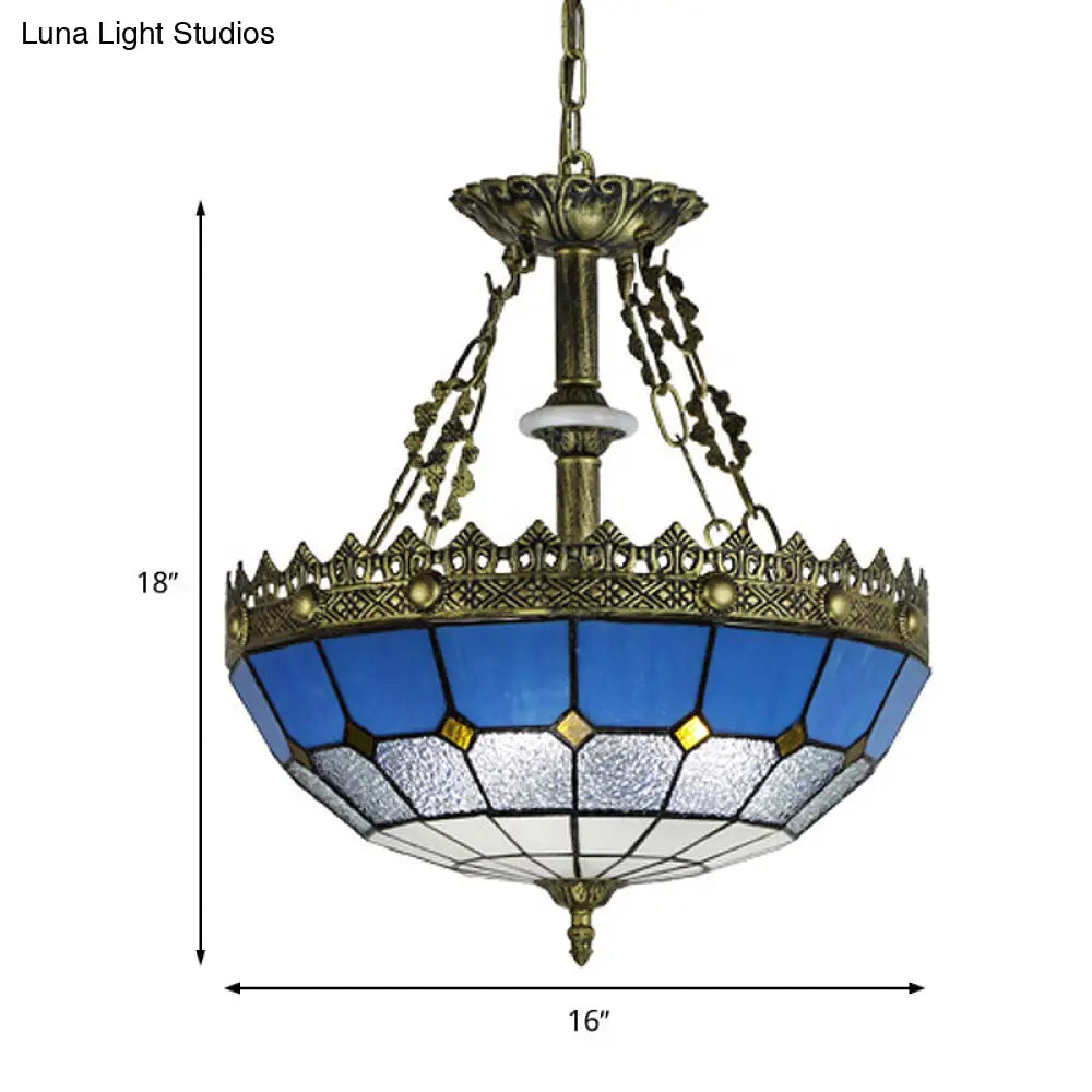 White/Blue 3-Light Tiffany Glass Pendant Chandelier For Bedroom – 12’/16’ Width