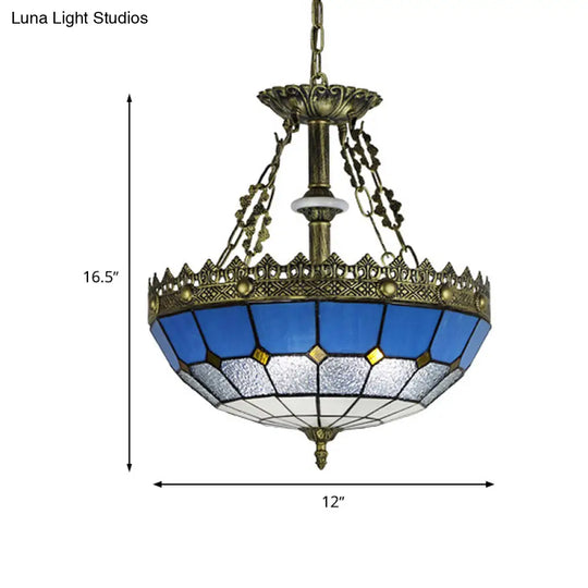 White/Blue 3-Light Tiffany Glass Pendant Chandelier For Bedroom – 12’/16’ Width