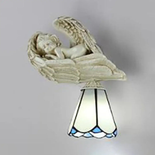 White/Blue Country Loft Angel Sconce With Conical Shade - Resin Bedroom Wall Lighting (1 Light)