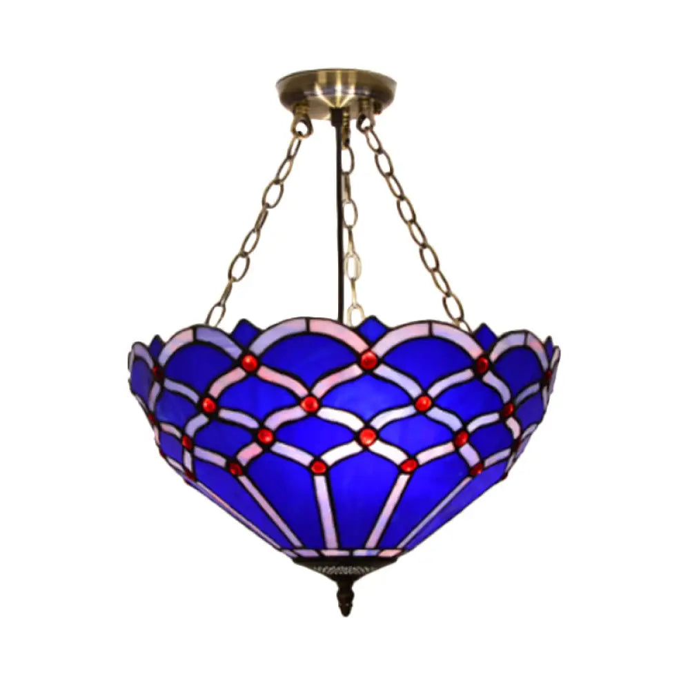 White/Blue Glass Baroque Ceiling Lamp - 3 - Light Semi Mount Lighting Bowl For Living Room Blue