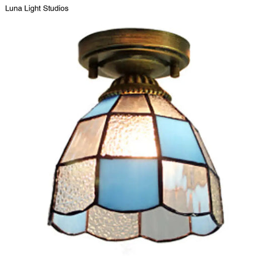 White/Blue Tiffany Mini Flush Ceiling Light With Stained Glass Cone Shade - Perfect For Foyers |