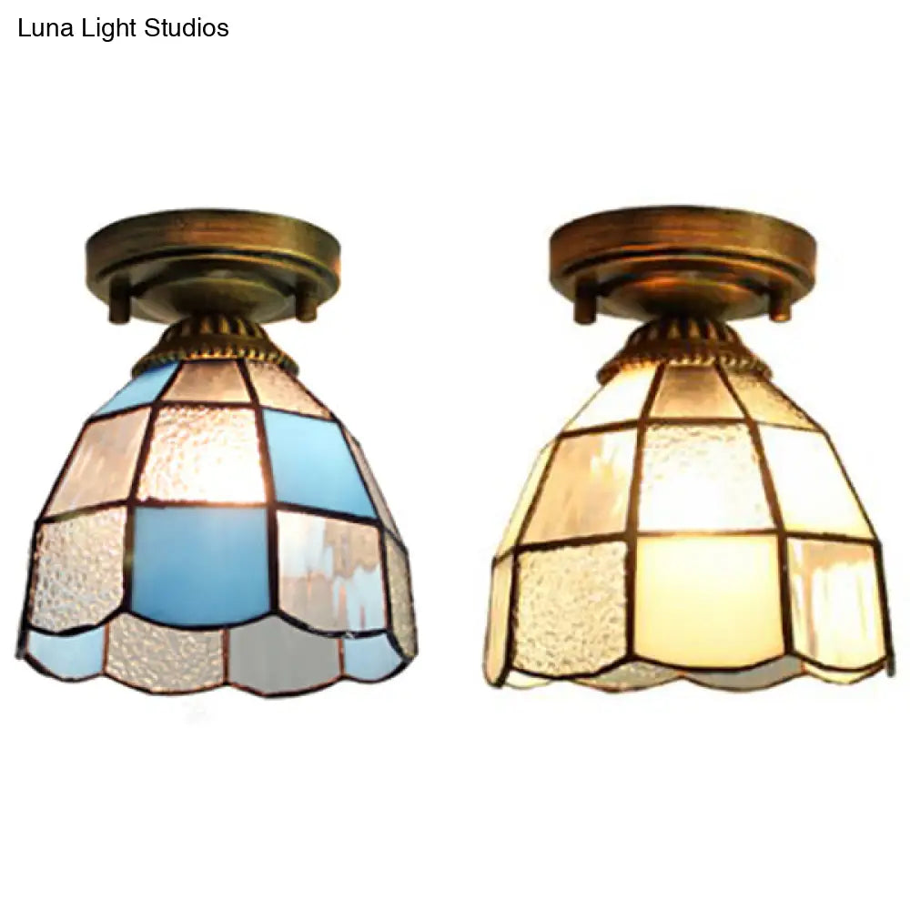 White/Blue Tiffany Mini Flush Ceiling Light With Stained Glass Cone Shade - Perfect For Foyers |