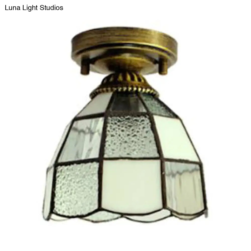 White/Blue Tiffany Mini Flush Ceiling Light With Stained Glass Cone Shade - Perfect For Foyers |