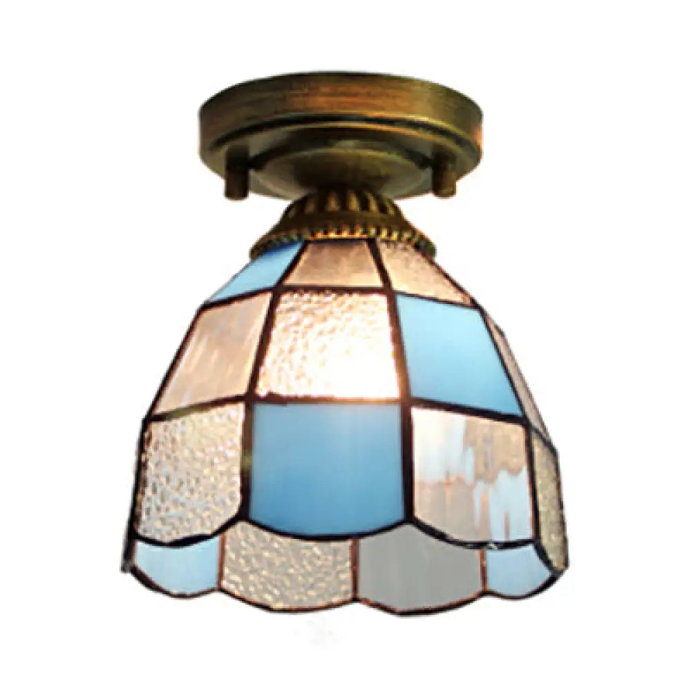 White/Blue Tiffany Mini Flush Ceiling Light With Stained Glass Cone Shade - Perfect For Foyers |