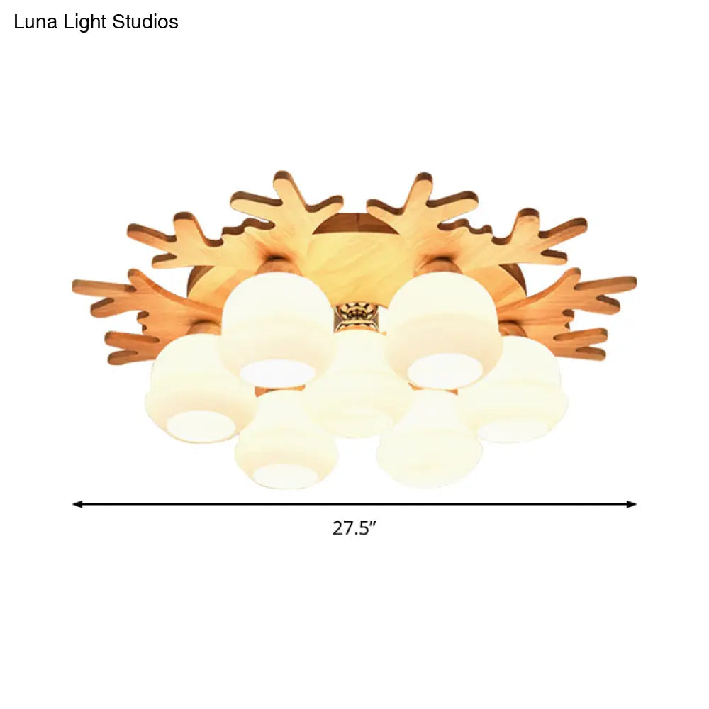 White Bud Shade Ceiling Mount Light With Beige Antlers - Kid Bedroom’s Lovely Wooden Lamp