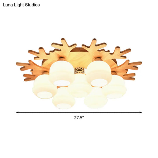 White Bud Shade Ceiling Mount Light With Beige Antlers - Kid Bedroom’s Lovely Wooden Lamp