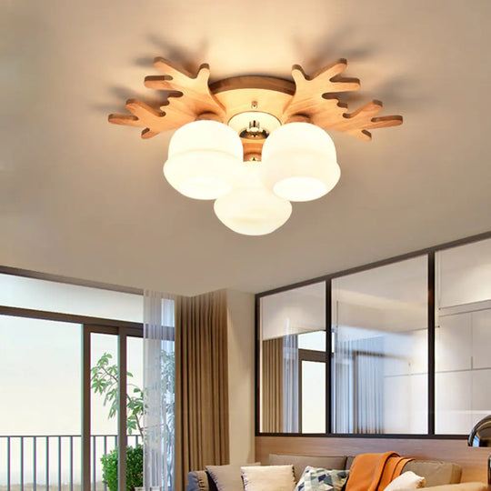 White Bud Shade Ceiling Mount Light With Beige Antlers - Kid Bedroom’s Lovely Wooden Lamp 3 / Wood