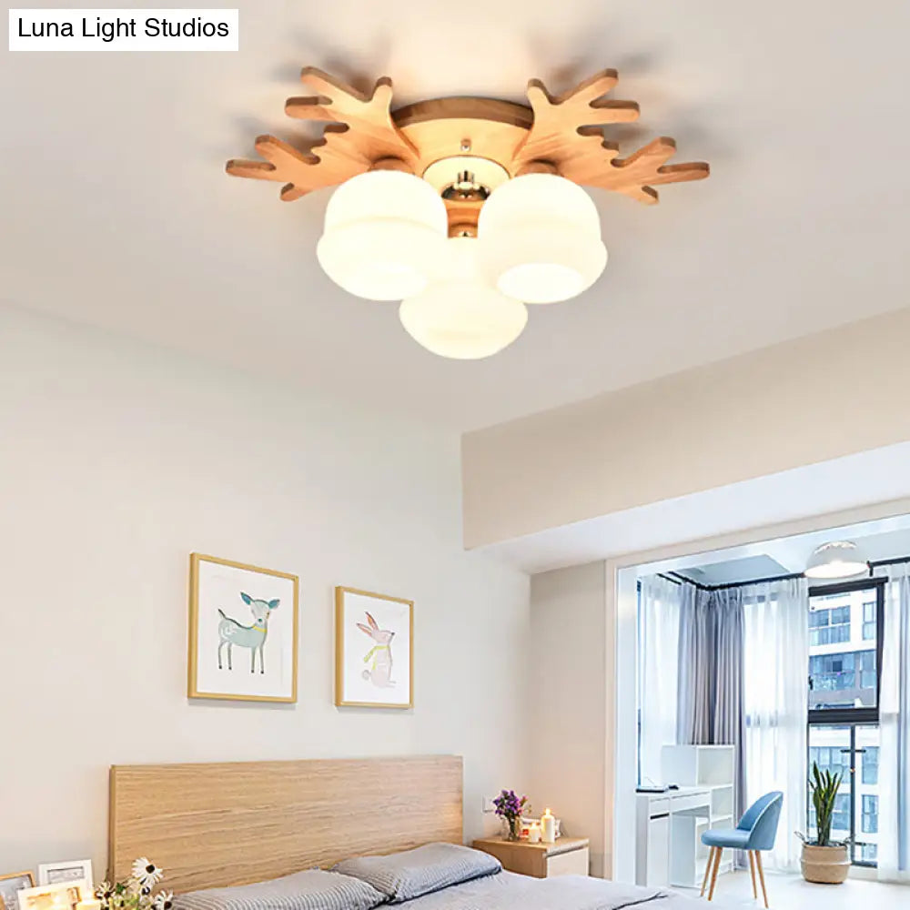 White Bud Shade Ceiling Mount Light With Beige Antlers - Kid Bedroom’s Lovely Wooden Lamp