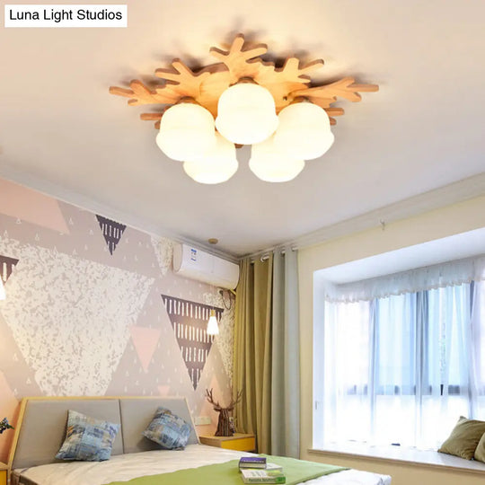 White Bud Shade Ceiling Mount Light With Beige Antlers - Kid Bedrooms Lovely Wooden Lamp