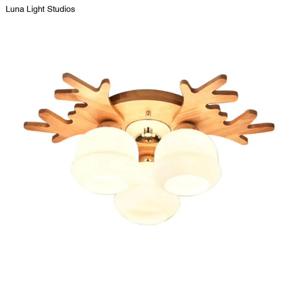 White Bud Shade Ceiling Mount Light With Beige Antlers - Kid Bedrooms Lovely Wooden Lamp