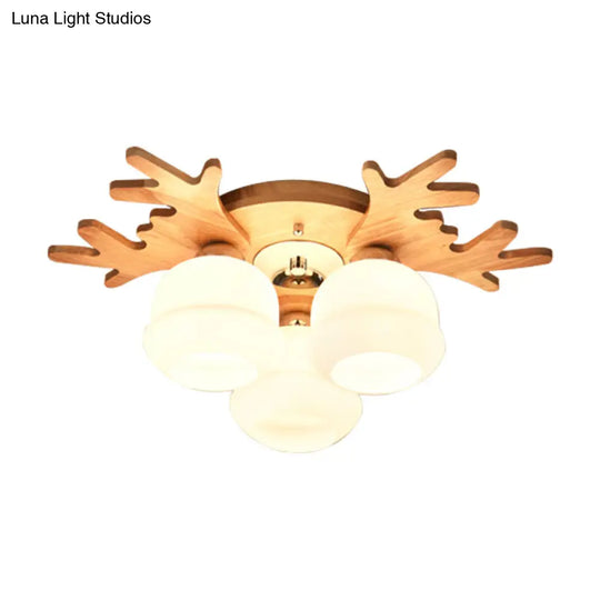 White Bud Shade Ceiling Mount Light With Beige Antlers - Kid Bedrooms Lovely Wooden Lamp