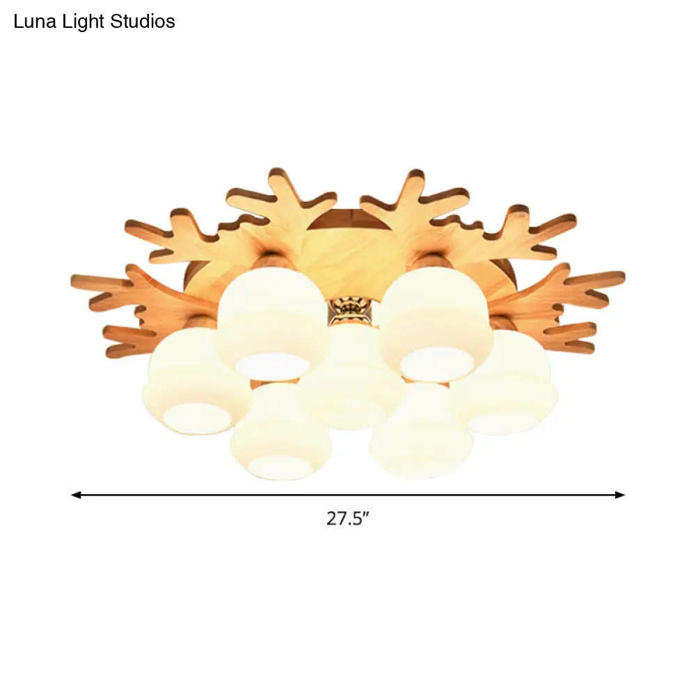 White Bud Shade Ceiling Mount Light With Beige Antlers - Kid Bedrooms Lovely Wooden Lamp