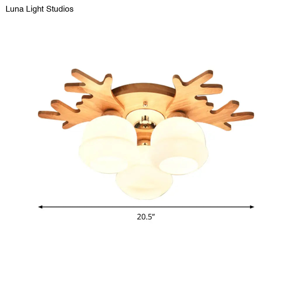 White Bud Shade Ceiling Mount Light With Beige Antlers - Kid Bedroom’s Lovely Wooden Lamp