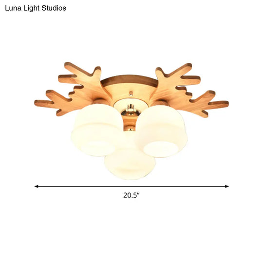 White Bud Shade Ceiling Mount Light With Beige Antlers - Kid Bedroom’s Lovely Wooden Lamp