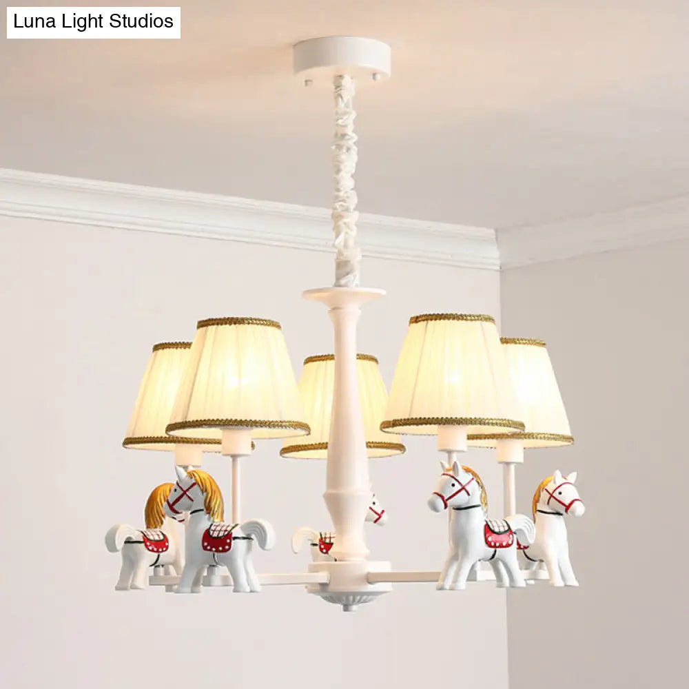 White Cartoon Chandelier With Horse Resin - Pleated Fabric Tapered Ceiling Lighting