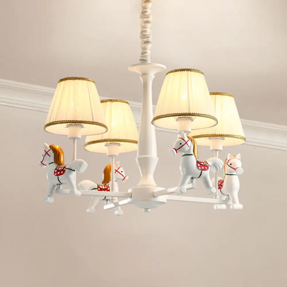 White Cartoon Chandelier With Horse Resin - Pleated Fabric Tapered Ceiling Lighting 4 / B