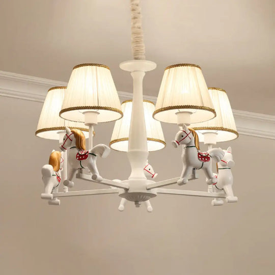 White Cartoon Chandelier With Horse Resin - Pleated Fabric Tapered Ceiling Lighting 5 / B