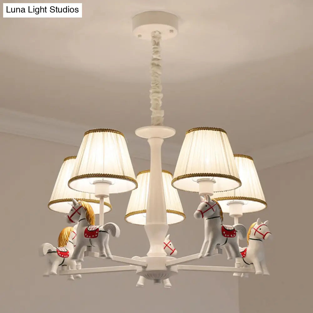 White Cartoon Chandelier With Horse Resin - Pleated Fabric Tapered Ceiling Lighting