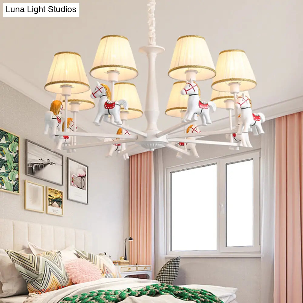 White Cartoon Chandelier With Horse Resin - Pleated Fabric Tapered Ceiling Lighting