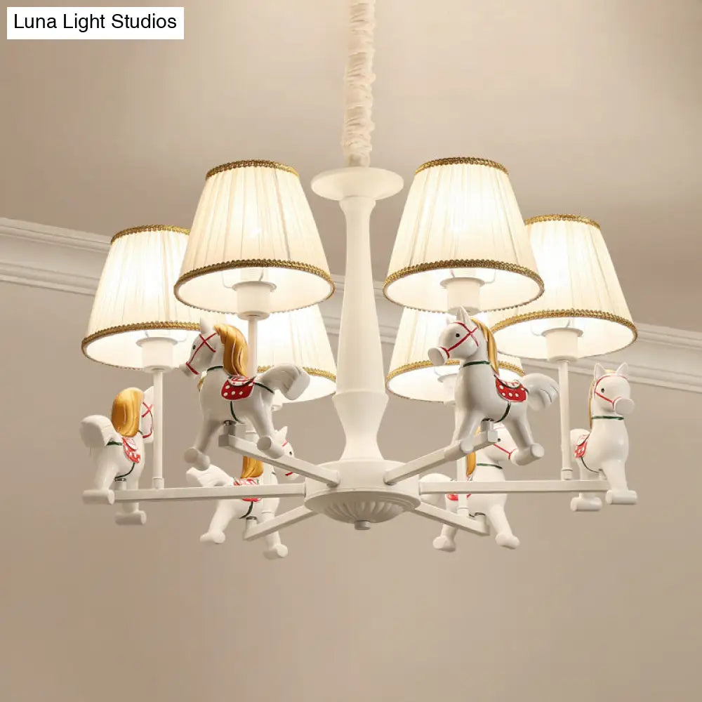 White Cartoon Chandelier With Horse Resin - Pleated Fabric Tapered Ceiling Lighting