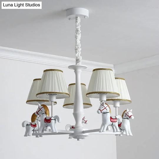 White Cartoon Chandelier With Horse Resin - Pleated Fabric Tapered Ceiling Lighting