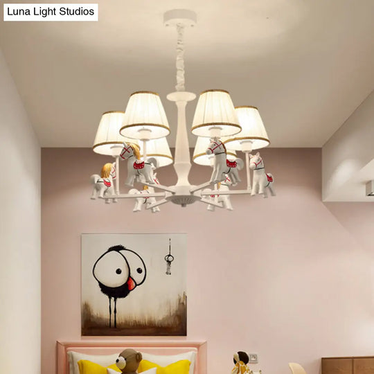 White Cartoon Chandelier With Horse Resin - Pleated Fabric Tapered Ceiling Lighting