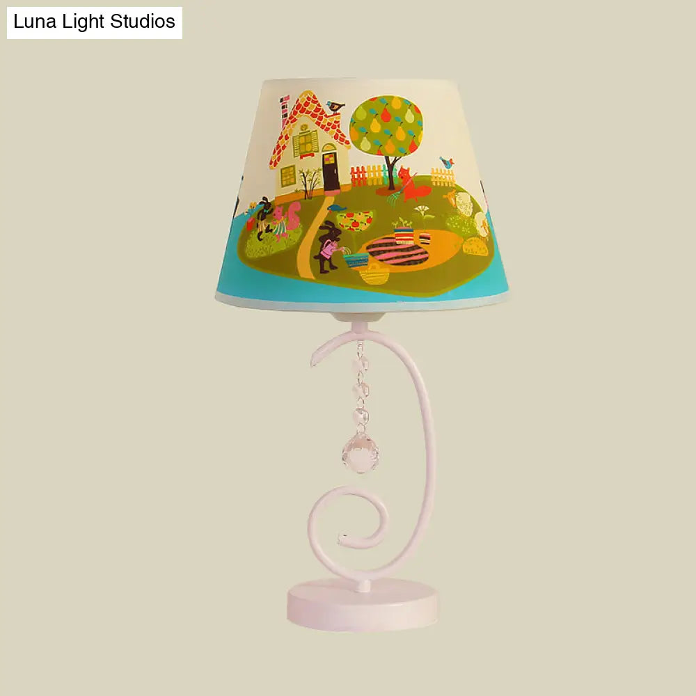 White Cartoon Night Lamp With Crystal Drop And Fun Animal Patterns Barrel Table Light