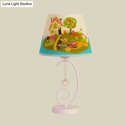 White Cartoon Night Lamp With Crystal Drop And Fun Animal Patterns Barrel Table Light