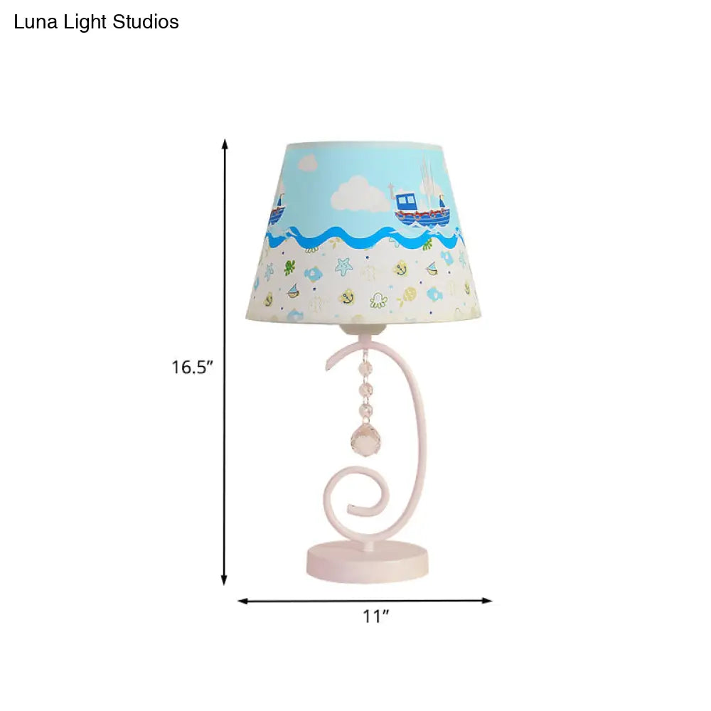 White Cartoon Night Lamp With Crystal Drop And Fun Animal Patterns Barrel Table Light