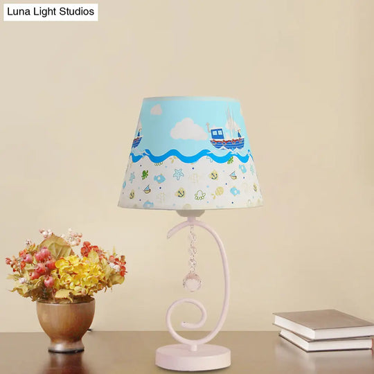 White Cartoon Night Lamp With Crystal Drop And Fun Animal Patterns Barrel Table Light