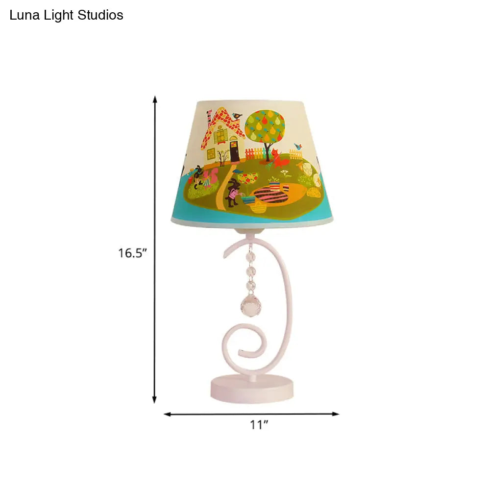 White Cartoon Night Lamp With Crystal Drop And Fun Animal Patterns Barrel Table Light