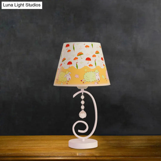 White Cartoon Night Lamp With Crystal Drop And Fun Animal Patterns Barrel Table Light