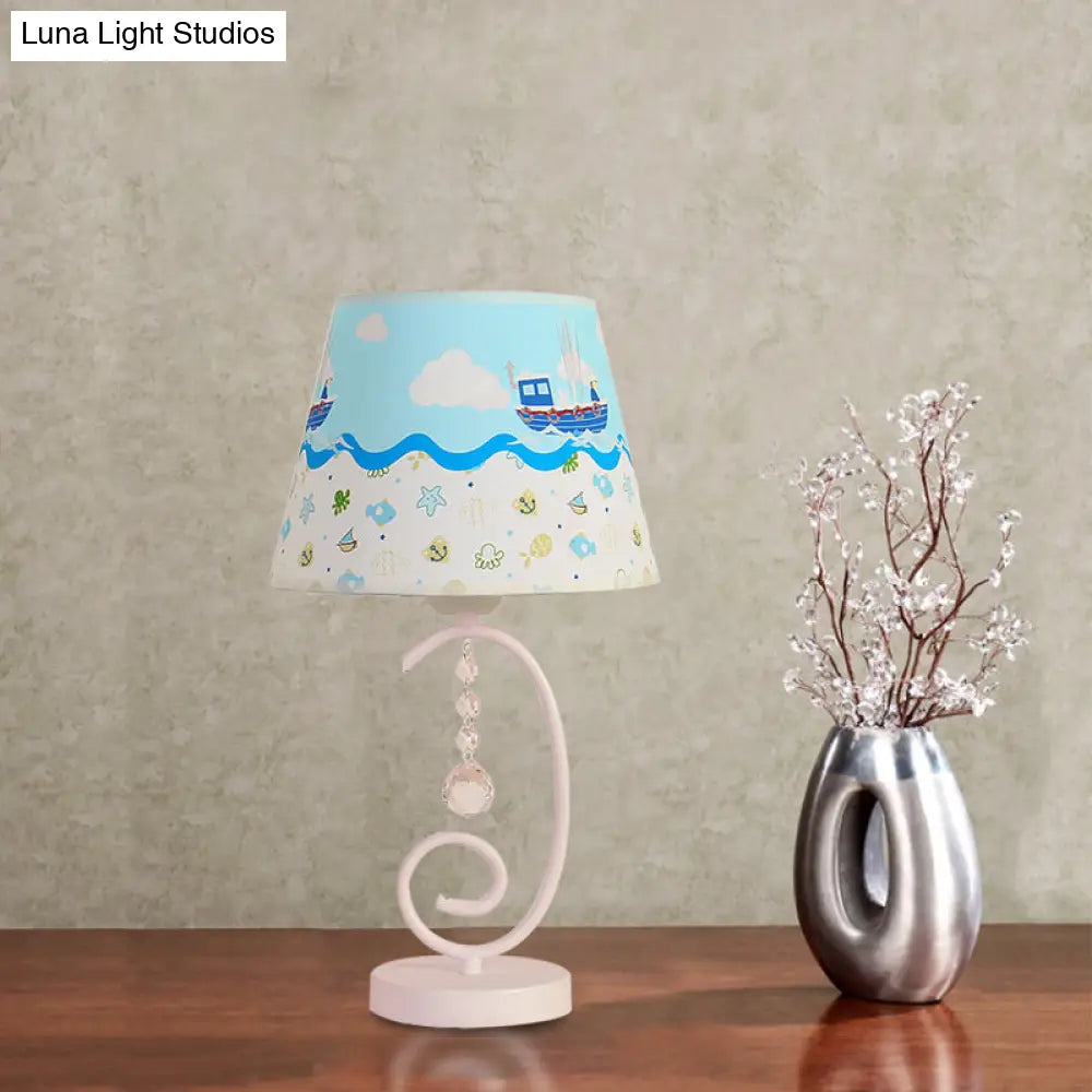 White Cartoon Night Lamp With Crystal Drop And Fun Animal Patterns Barrel Table Light