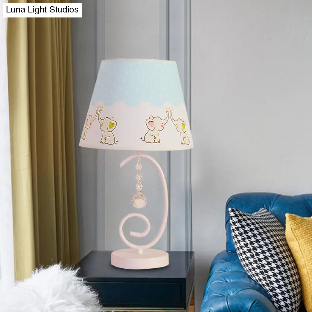 White Cartoon Night Lamp With Crystal Drop And Fun Animal Patterns Barrel Table Light