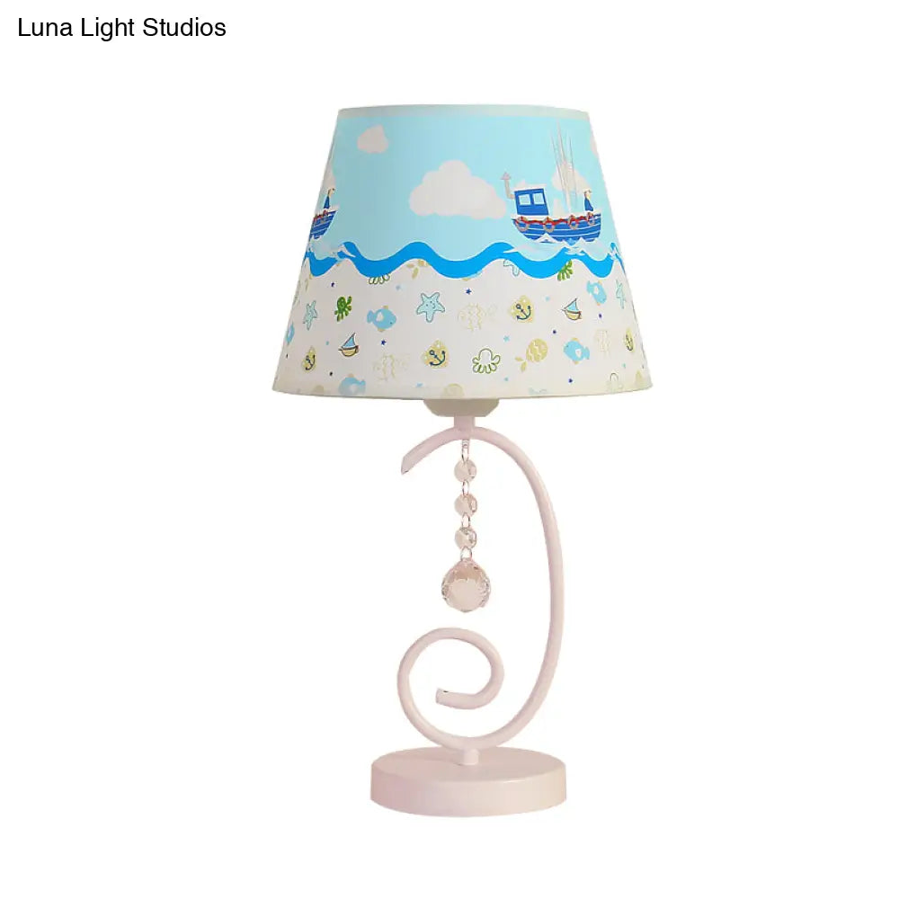 White Cartoon Night Lamp With Crystal Drop And Fun Animal Patterns Barrel Table Light