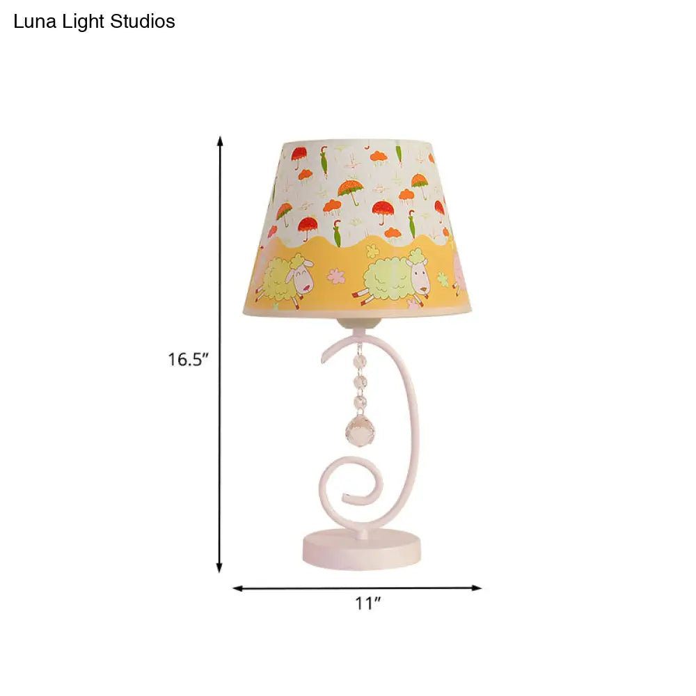 White Cartoon Night Lamp With Crystal Drop And Fun Animal Patterns Barrel Table Light